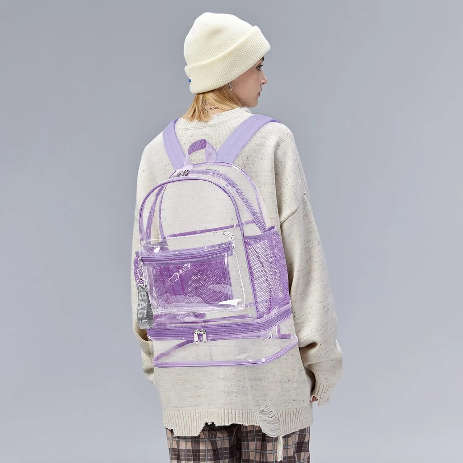 mygreen Clear Backpack with Bottom Compartment for Lunch Box or Shoes, 2-in-1 Design for School, Sports, Work, Stadium, Security, Travel, College Purple