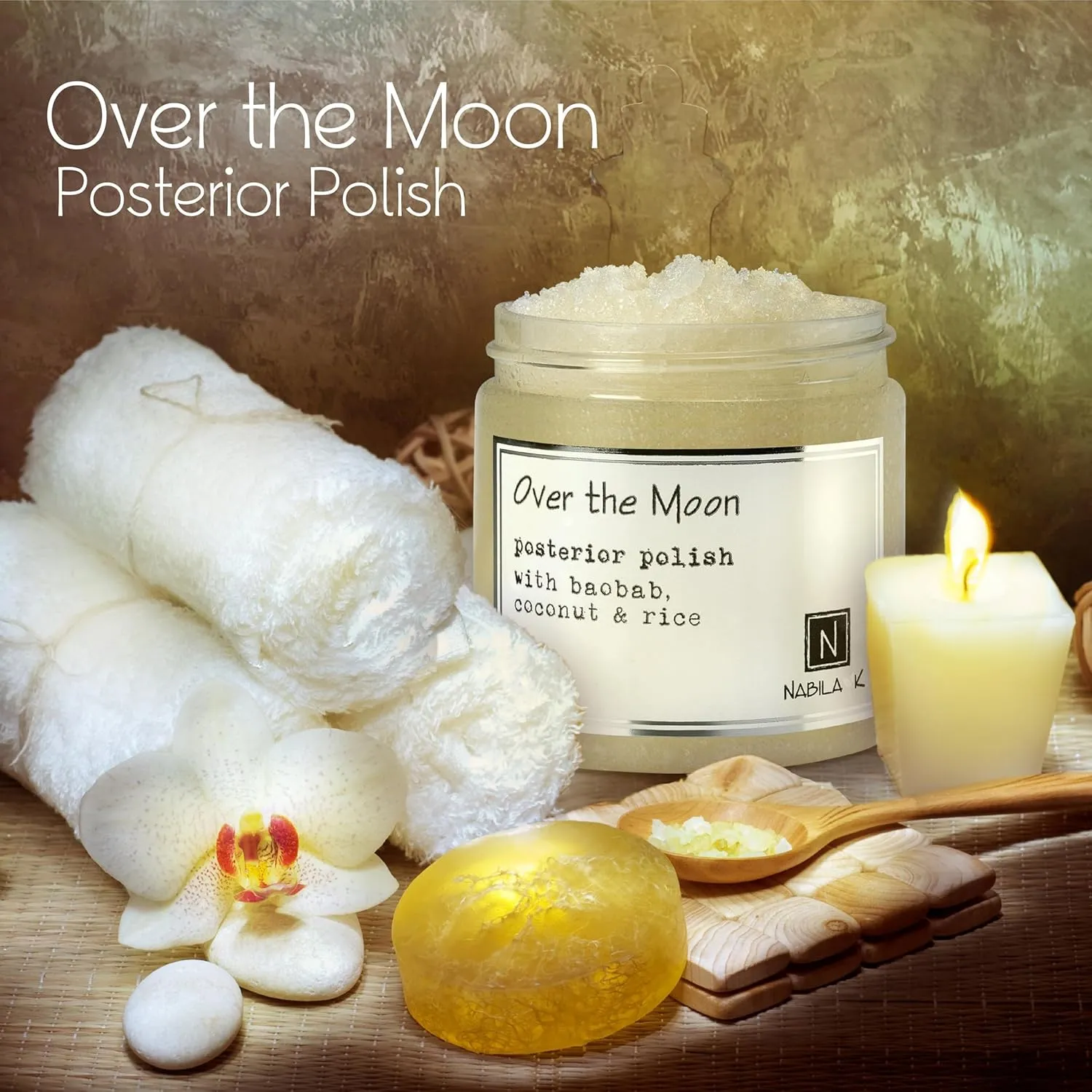 N Nabila K Over the Moon Posterior Polish with Baobab, Coconut and Rice - Naturally Derived Ingredients for Silky Smooth Butt Cheeks - Moisturizes & Nourishes - Vegan Friendly - 5oz