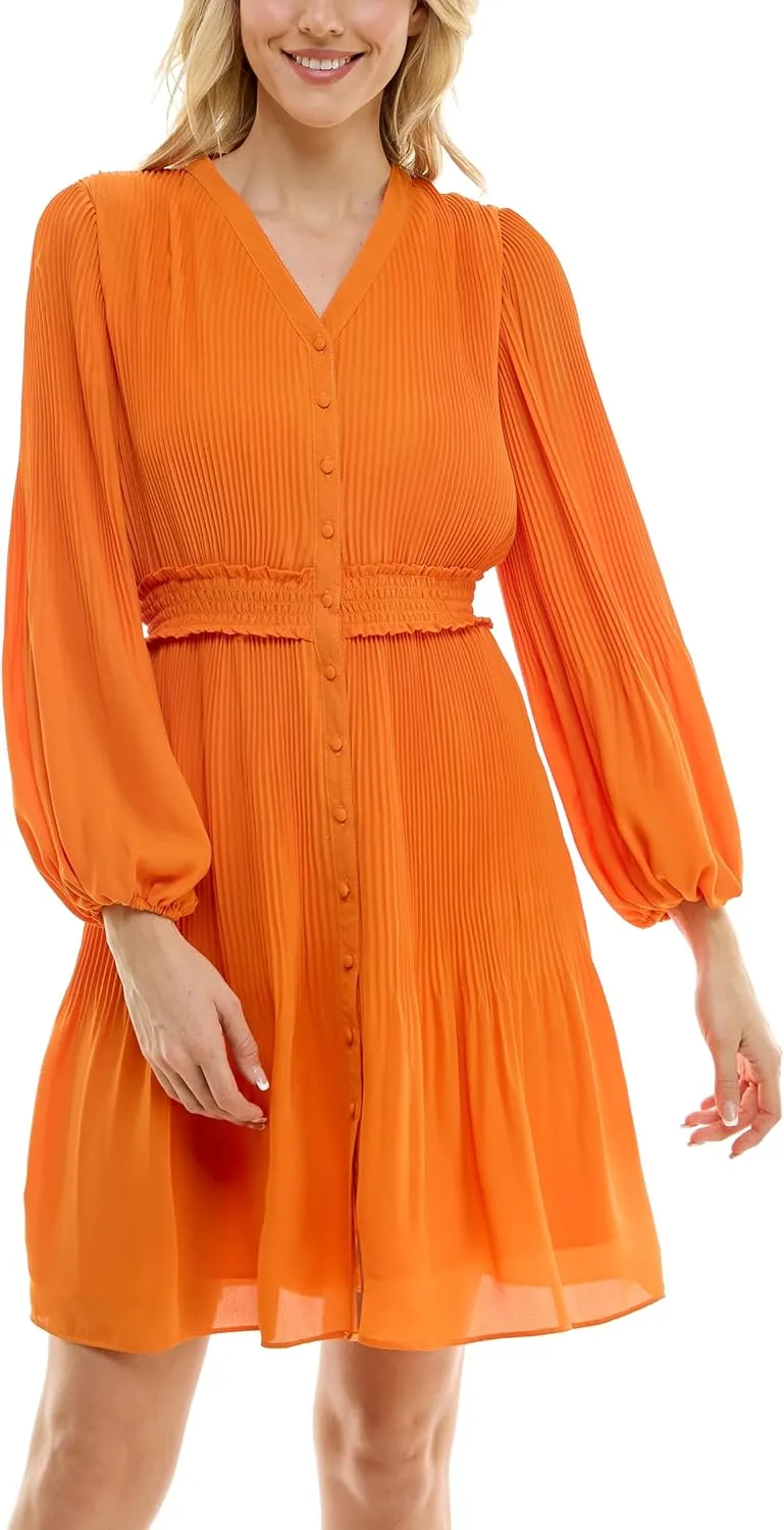 Nanette Nanette Lepore Women's Button Up Fully Lined Dress with Full Body, Smock Waist and Pleated Blouson Sleeve
