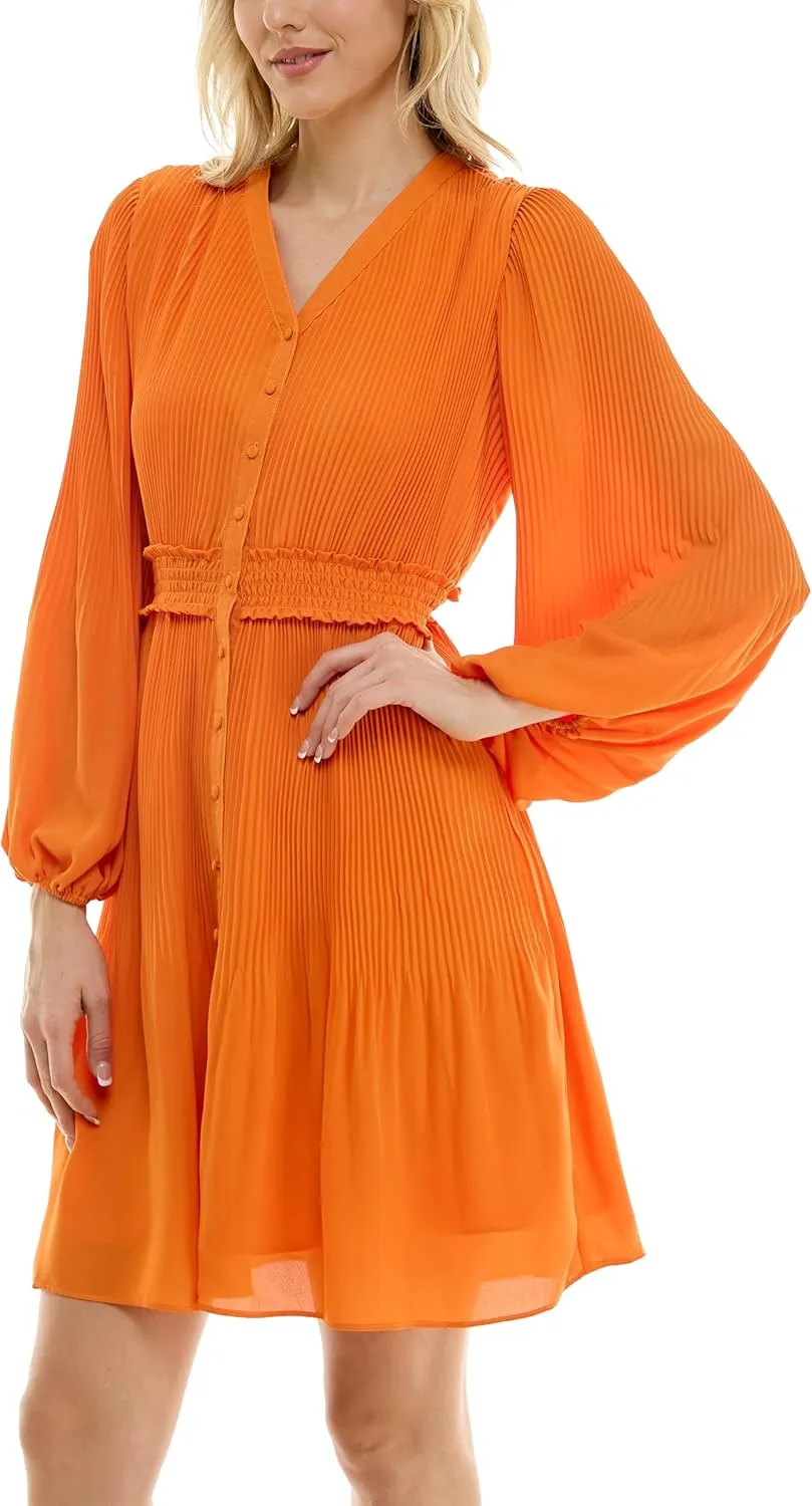 Nanette Nanette Lepore Women's Button Up Fully Lined Dress with Full Body, Smock Waist and Pleated Blouson Sleeve