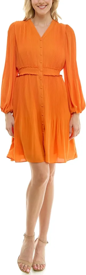 Nanette Nanette Lepore Women's Button Up Fully Lined Dress with Full Body, Smock Waist and Pleated Blouson Sleeve