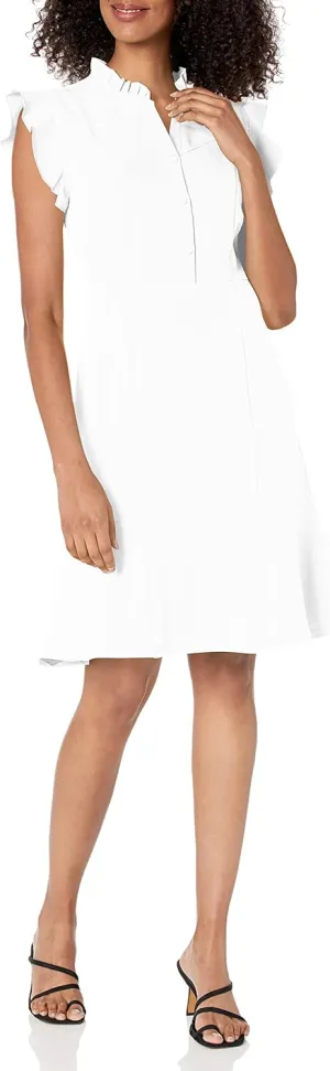 Nanette Nanette Lepore Women's Cap Sleeve Shirt Dress with Front Button Placket Closure and Ruffle Detail at The Neck