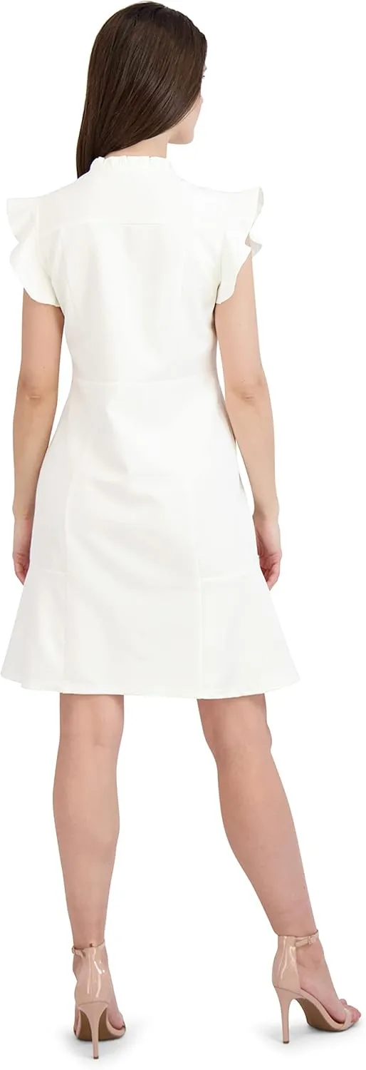 Nanette Nanette Lepore Women's Cap Sleeve Shirt Dress with Front Button Placket Closure and Ruffle Detail at The Neck