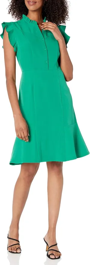 Nanette Nanette Lepore Women's Cap Sleeve Shirt Dress with Front Button Placket Closure and Ruffle Detail at The Neck