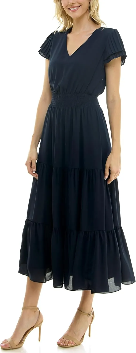 Nanette Nanette Lepore Women's Tiered Pull on Fully Lined Dress with Smock Waist and Pleated Flutter Sleeve