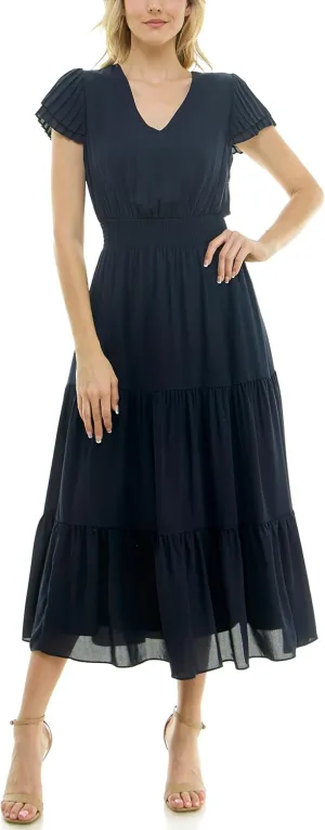 Nanette Nanette Lepore Women's Tiered Pull on Fully Lined Dress with Smock Waist and Pleated Flutter Sleeve