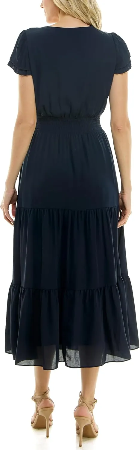 Nanette Nanette Lepore Women's Tiered Pull on Fully Lined Dress with Smock Waist and Pleated Flutter Sleeve