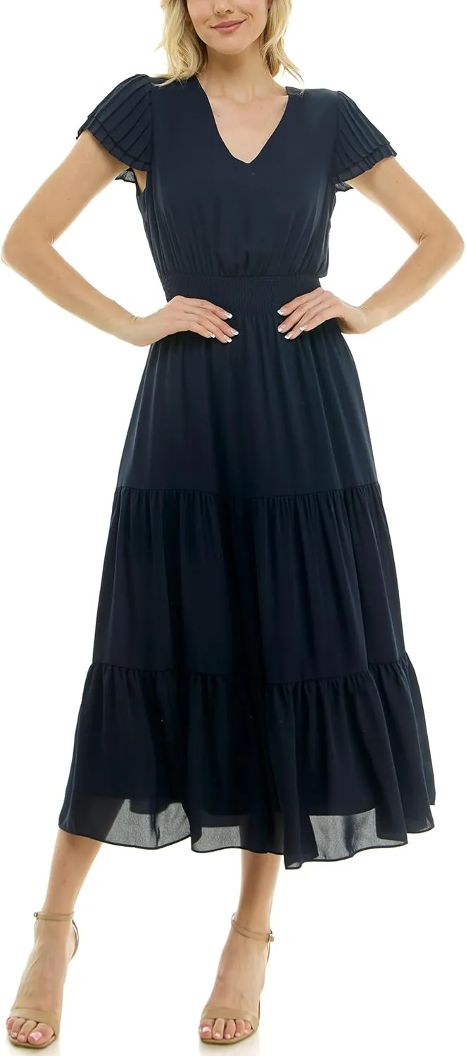 Nanette Nanette Lepore Women's Tiered Pull on Fully Lined Dress with Smock Waist and Pleated Flutter Sleeve