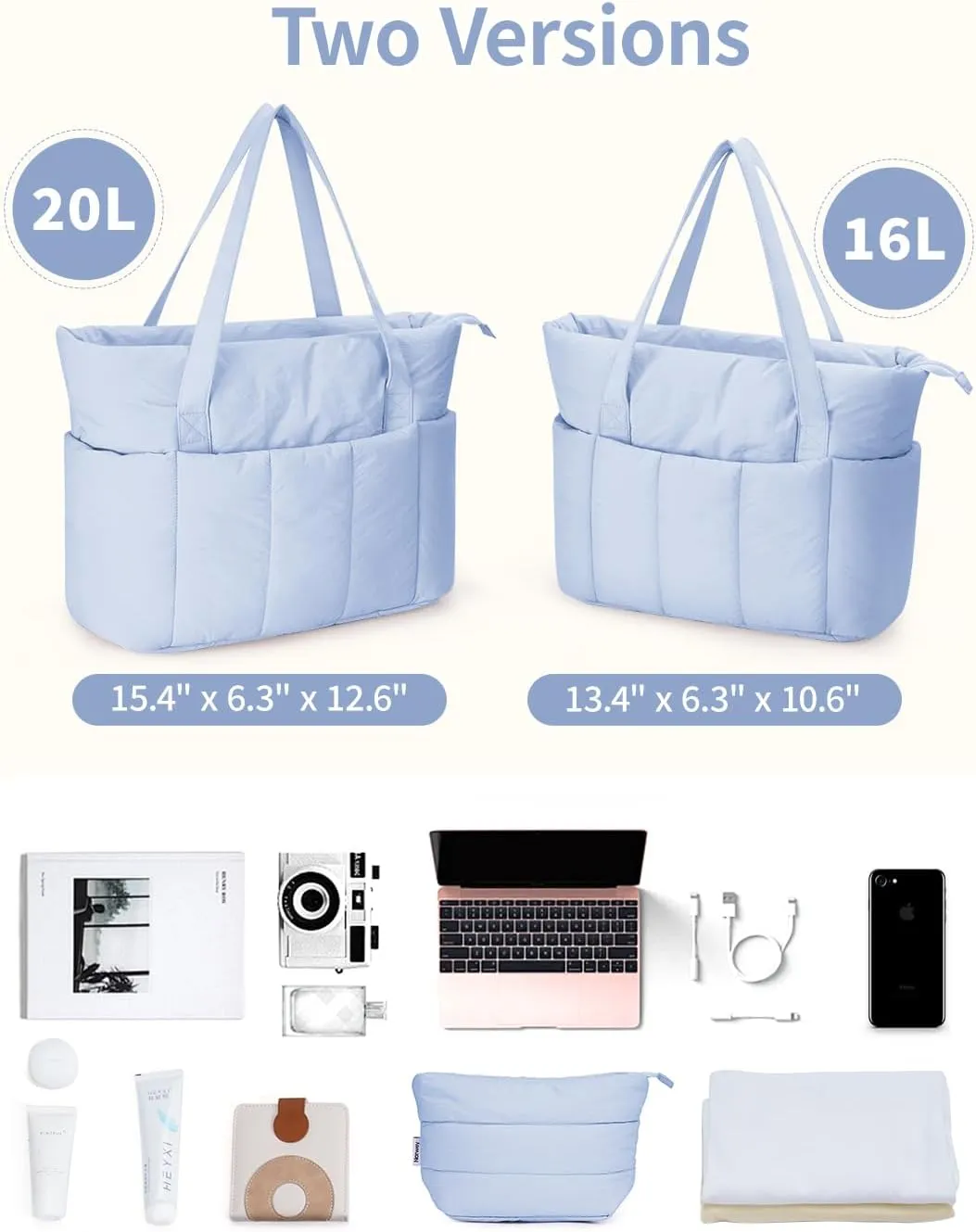 Narwey Puffer Travel Tote Bag for Women Work with Laptop Compartment, Quilted Puffy Tote Bags for Carry on, College, Nurse