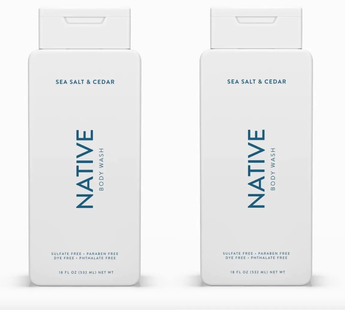 Native Body Wash Contains Naturally Derived Ingredients | For Women & Men, Sulfate, Paraben, & Dye Free Leaving Skin Soft and Hydrating | Sea Salt & Cedar 18 oz - 2 Pk