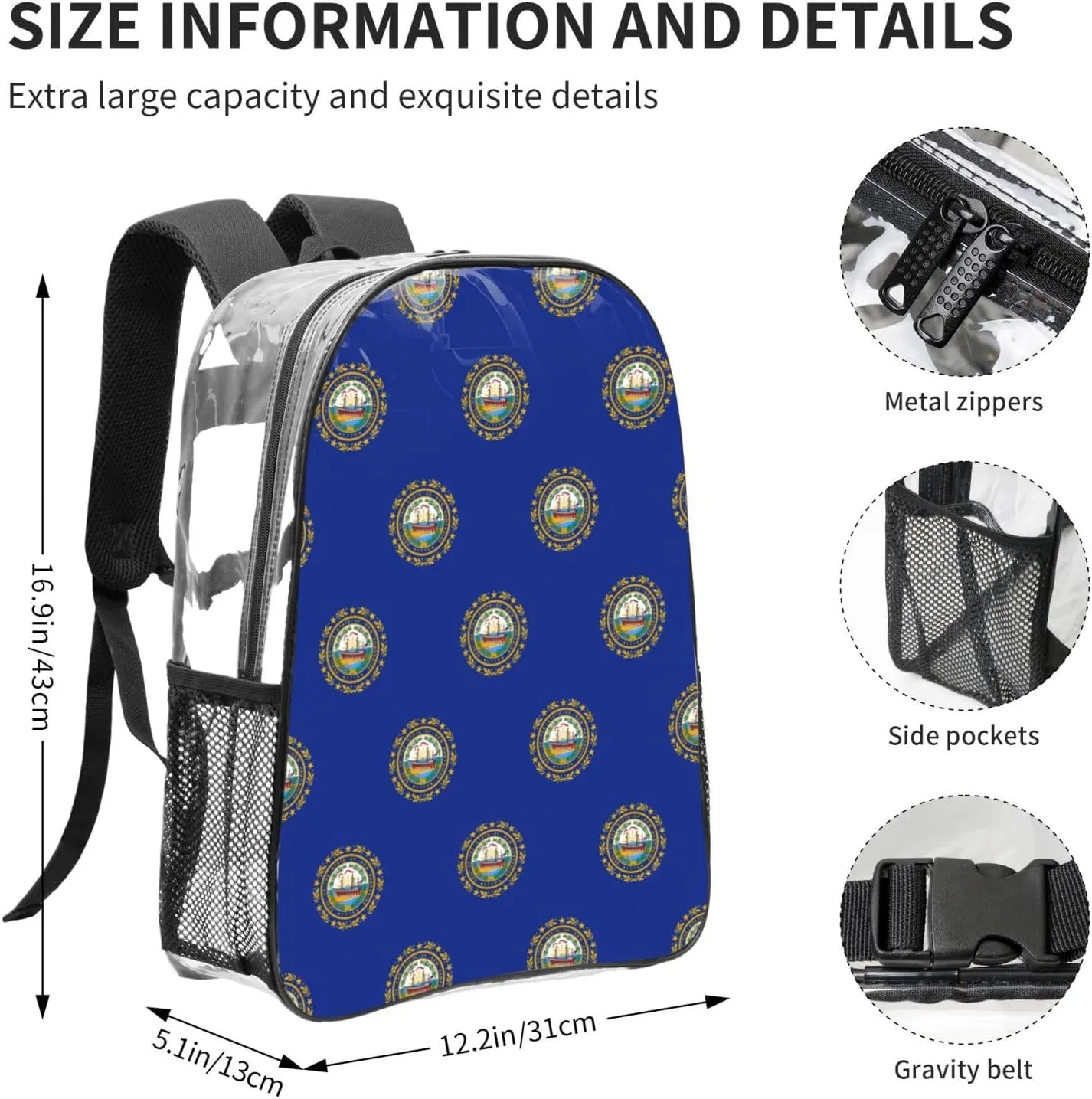 New Hampshire State Flag Clear Backpack,High Capacity Clear Bag For Travel,Work,Festival, Concerts Women Men Unisex
