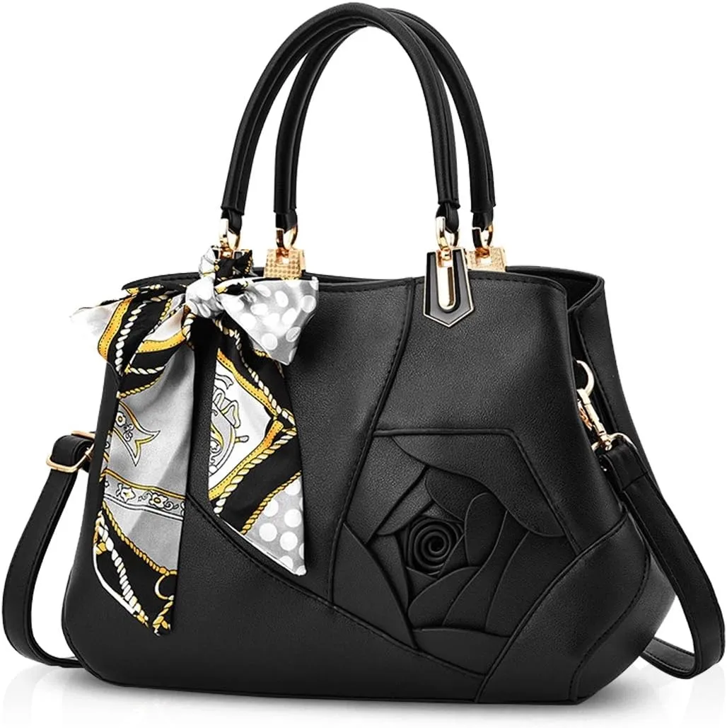 NICOLE&DORIS Flowers Handbag for Women Top Handle Bags PU Leather Messenger Bag Fashion Shoulder Bag Tote Satchel Ladies Crossbody Bag Black