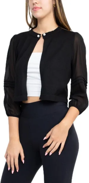 Nina Leonard Crew Neck Closure Knit Bodice 3/4 Chiffon Sleeve Solid Bolero Black/XL, X-Large