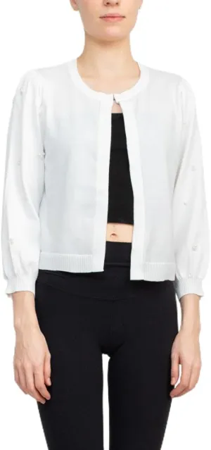 Nina Leonard Crew Neck Hook Closure 3/4 Bishop Sleeves Knit Cardigan Ivory/XL, X-Large