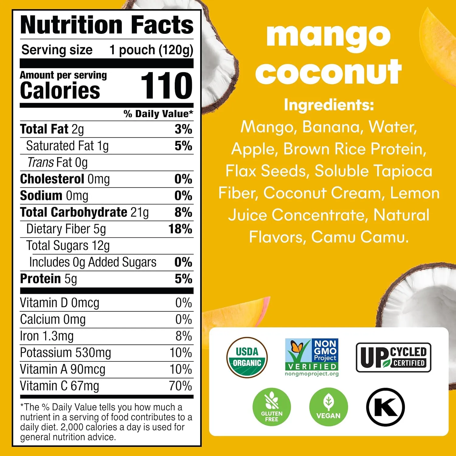 Noka Superfood Fruit Smoothie Pouches, Mango Coconut, Healthy Snacks with Flax Seed, Plant Protein and Prebiotic Fiber, Vegan and Gluten Free Snacks, Organic Squeeze Pouch, 4.22 oz, 12 Count