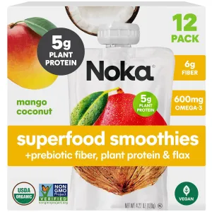 Noka Superfood Fruit Smoothie Pouches, Mango Coconut, Healthy Snacks with Flax Seed, Plant Protein and Prebiotic Fiber, Vegan and Gluten Free Snacks, Organic Squeeze Pouch, 4.22 oz, 12 Count