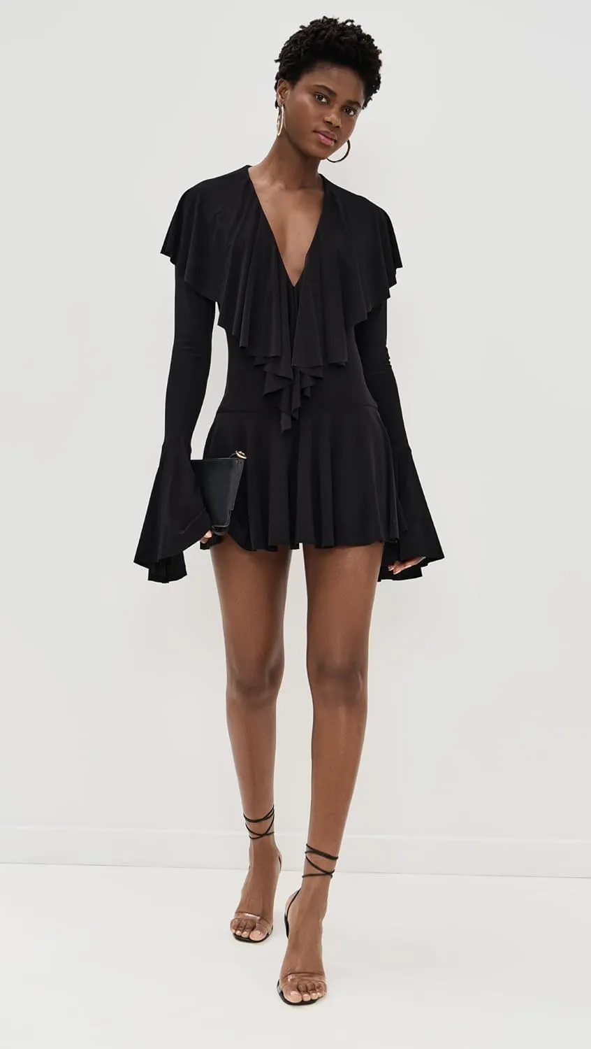 Norma Kamali Women's Long Sleeve Deep V Ruffle Mini Dress