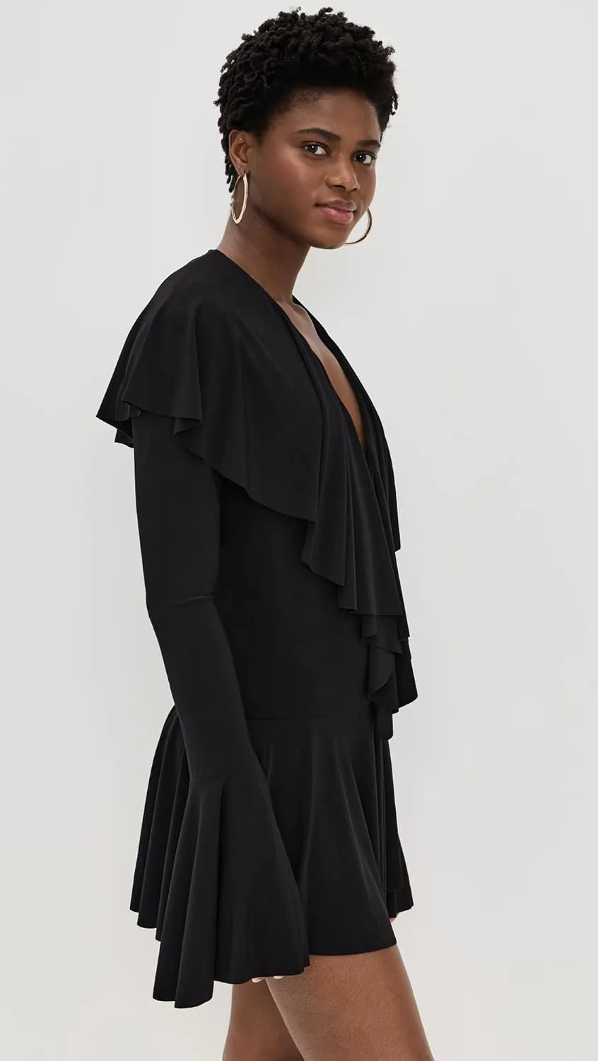 Norma Kamali Women's Long Sleeve Deep V Ruffle Mini Dress