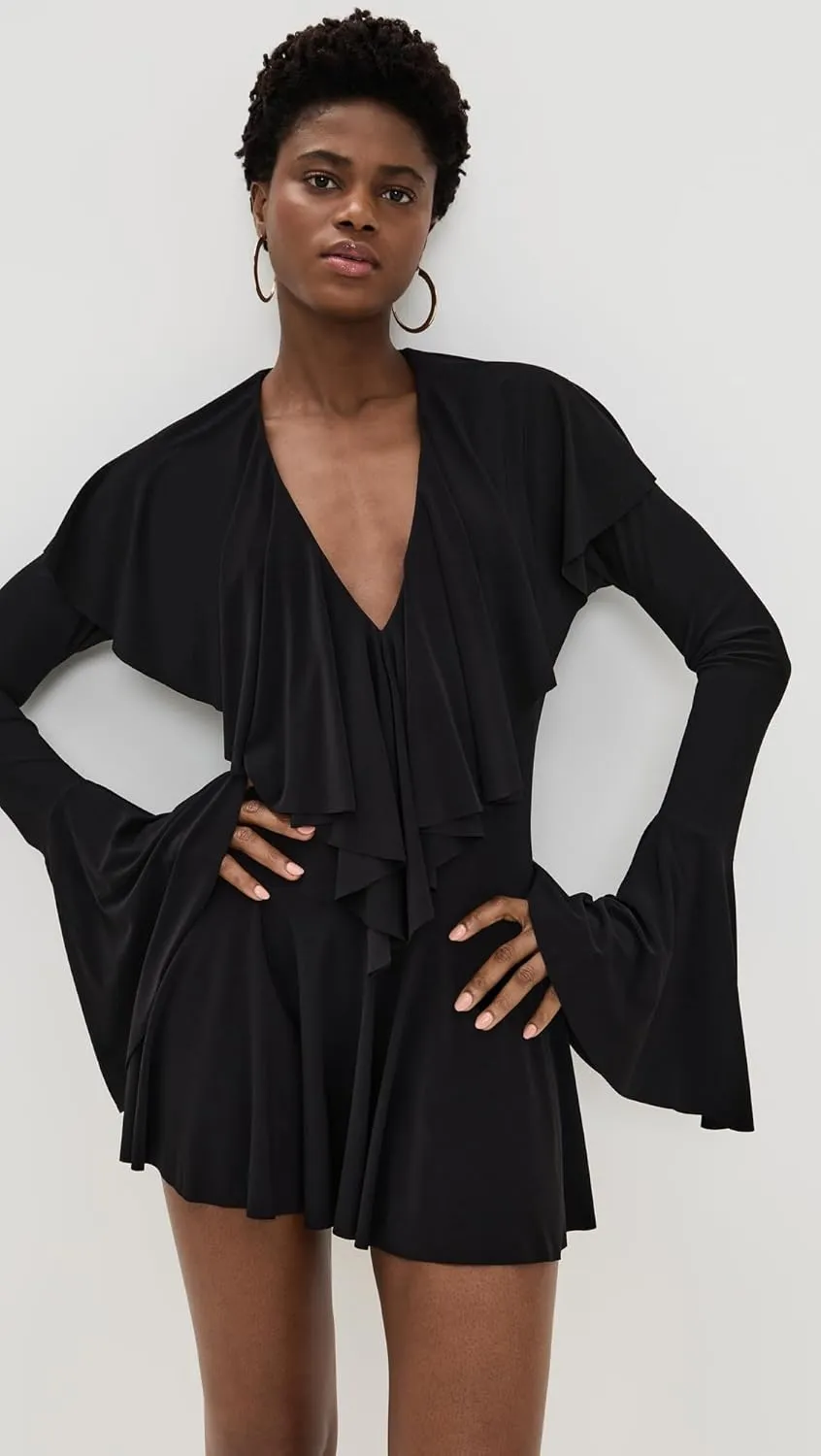 Norma Kamali Women's Long Sleeve Deep V Ruffle Mini Dress