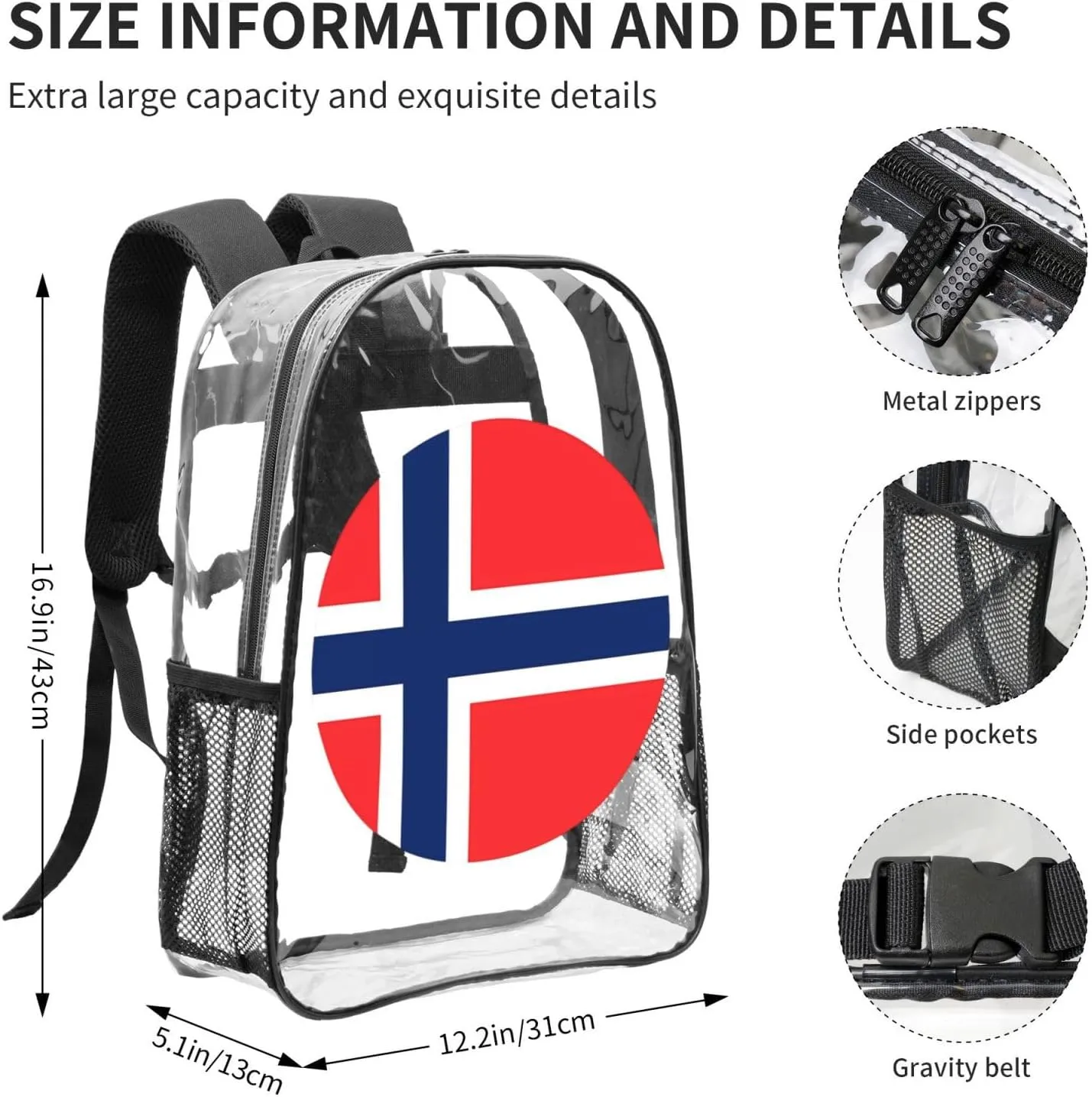 Norway Norwegian Flag Round 16 Inch Clear PVC Backpacks Transparent Backpack Multipurpose Double Shoulder Bag for Men Women Gifts