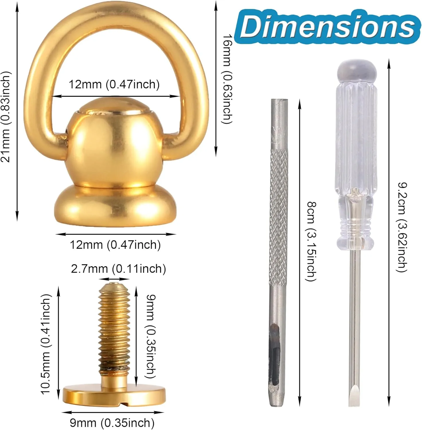 Notgia 4Pcs D Rings for Purse Brass Rivets for Leather Rotatable Purse Strap Hardware Ball Button Studs for Handbag D Rings Chicago Screws for Repair Purse Dog Collar Leather Crafts (Gold)