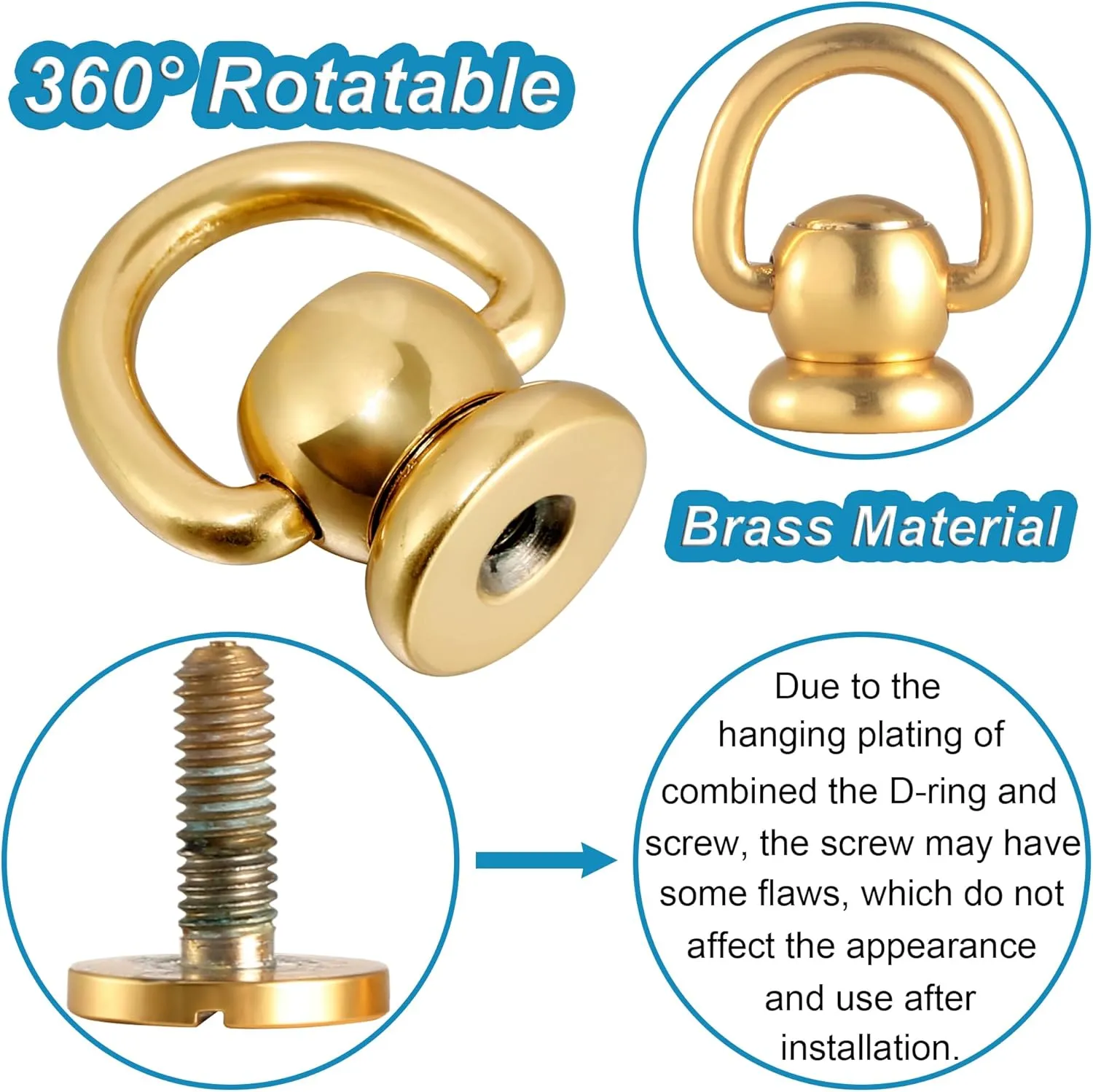 Notgia 4Pcs D Rings for Purse Brass Rivets for Leather Rotatable Purse Strap Hardware Ball Button Studs for Handbag D Rings Chicago Screws for Repair Purse Dog Collar Leather Crafts (Gold)