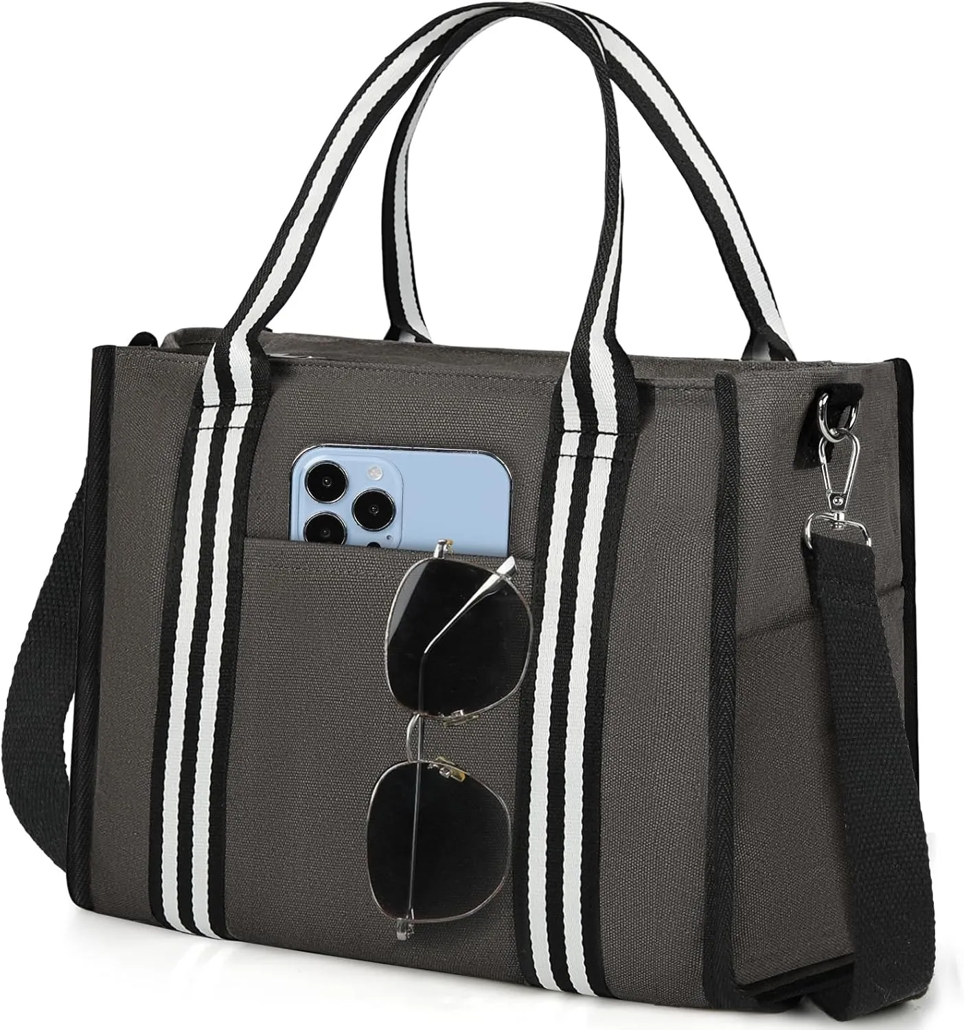 NUBILY Women's Black Canvas Tote Bag with Pockets and Striped Pattern (Grat)