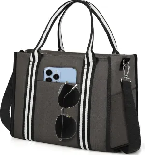 NUBILY Women's Black Canvas Tote Bag with Pockets and Striped Pattern (Grat)