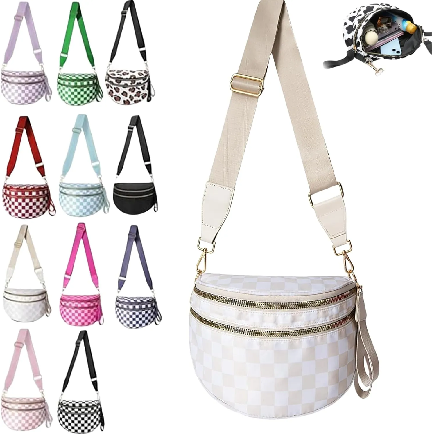 Nuvore Crossbody Bag, Comfort Checkered Bum Bags, Spacious Trendy & Functional Bum bag, Women Lightweight Messenger bag