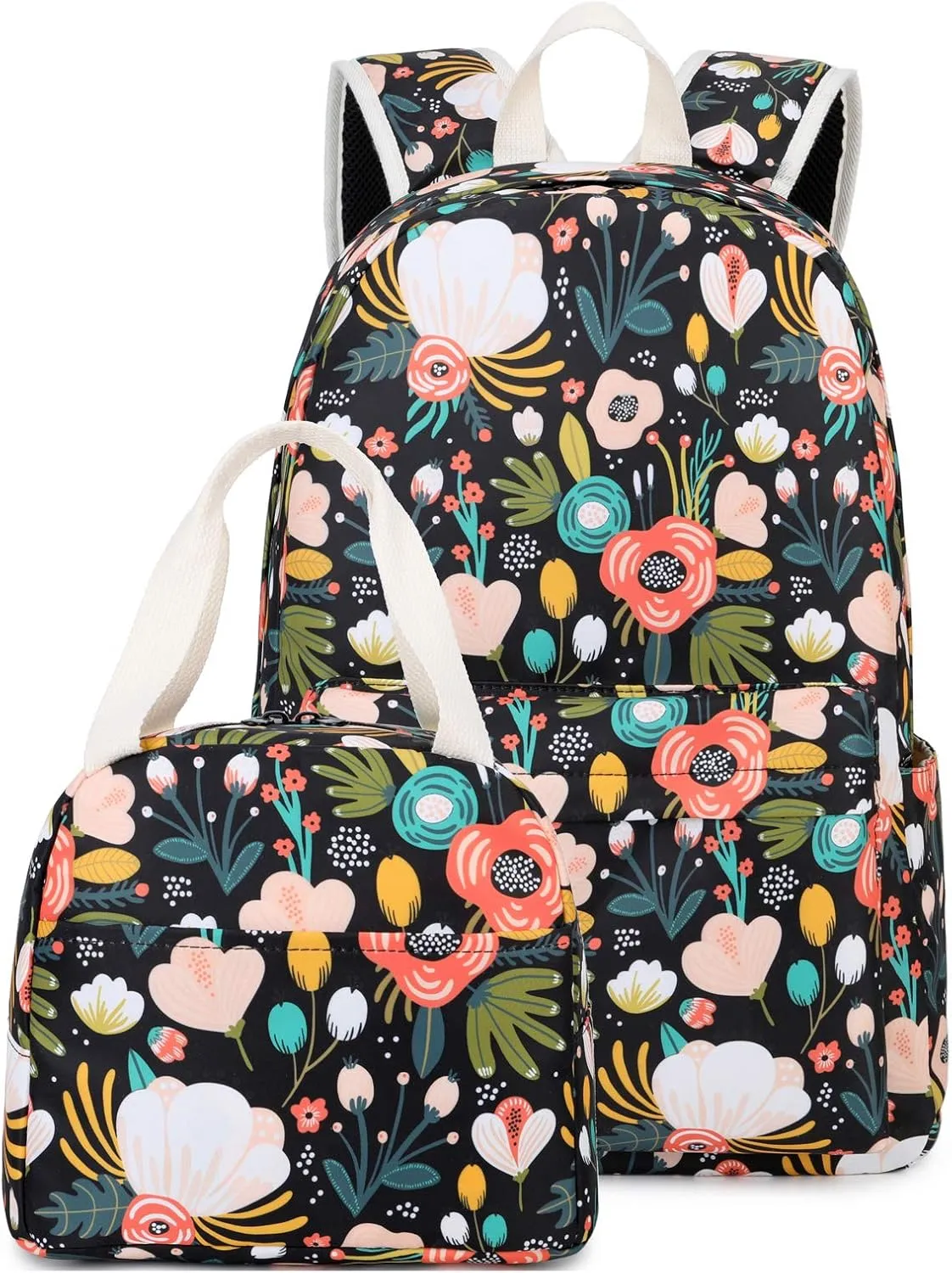 Octsky Kids Backpack for Girls Teens Elementary Middle School Bookbags Childs Back to School Bag with Lunch Box, Black/Multi, One Size