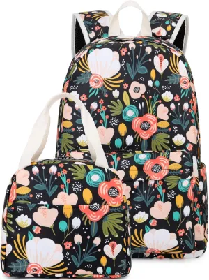 Octsky Kids Backpack for Girls Teens Elementary Middle School Bookbags Childs Back to School Bag with Lunch Box, Black/Multi, One Size