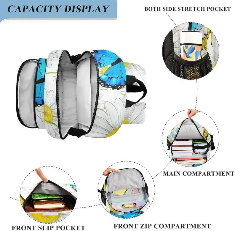 ODAWA Butterflies Daisies Blue Yellow Backpacks for Kids Laptop Backpack Purse Travel Bag Kids Backpack Ages 6-12