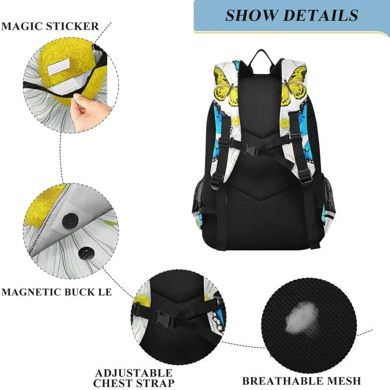 ODAWA Butterflies Daisies Blue Yellow Backpacks for Kids Laptop Backpack Purse Travel Bag Kids Backpack Ages 6-12