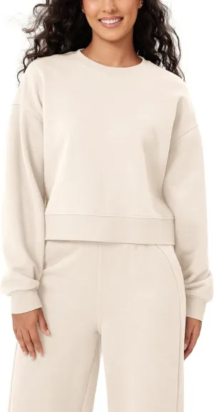 ODODOS Women's Fleece Lined Oversized Cropped Sweatshirts Long Sleeve Crew Neck Pullover Crop Top