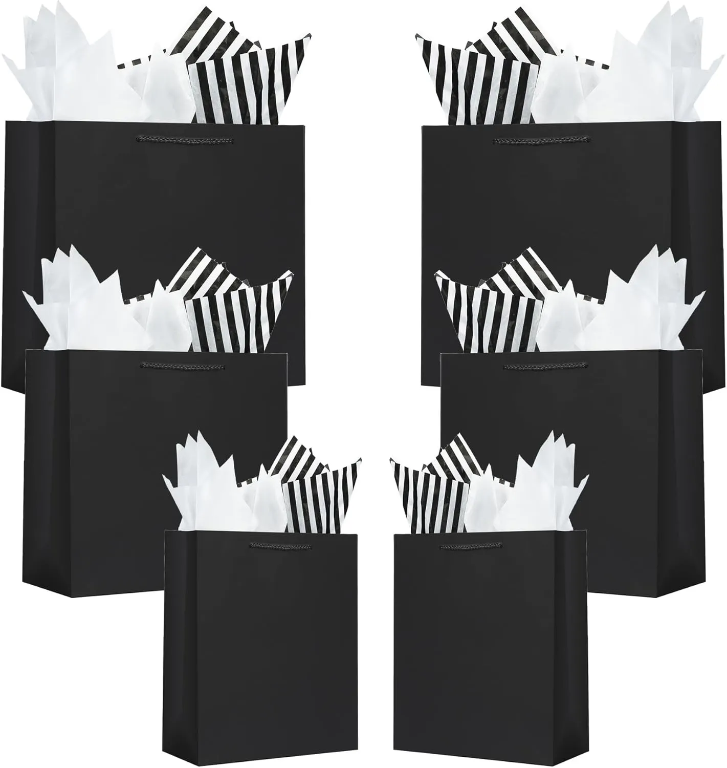Offizon 12 Pcs Black Gift Bags, Gift Bags with Tissue Paper (4 Small 6", 4 Medium 8.7", 4 Large 12.6"), Paper Bags with Handles for Birthdays and Holidays