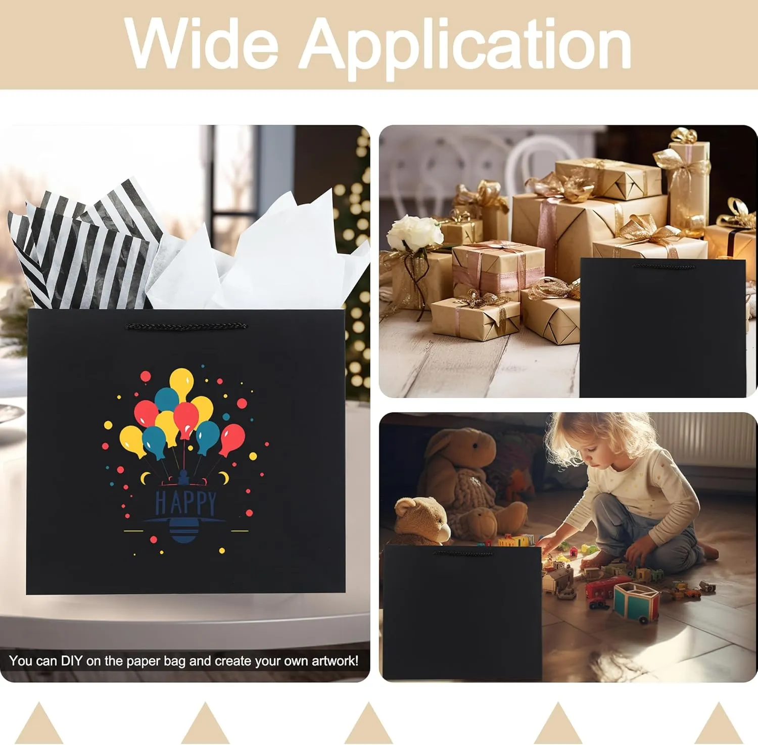 Offizon 12 Pcs Black Gift Bags, Gift Bags with Tissue Paper (4 Small 6", 4 Medium 8.7", 4 Large 12.6"), Paper Bags with Handles for Birthdays and Holidays
