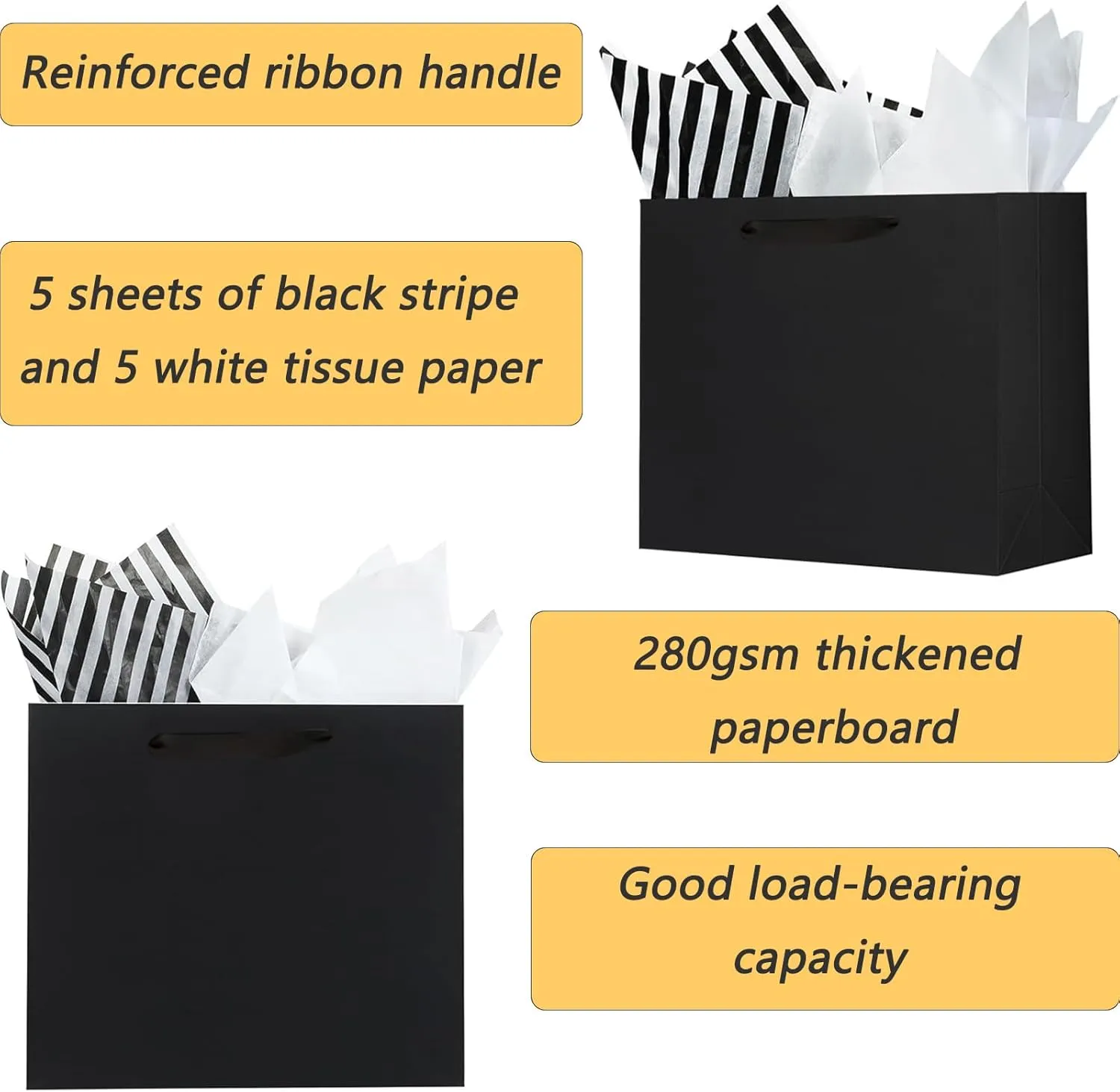 Offizon 12 Pcs Black Gift Bags, Gift Bags with Tissue Paper (4 Small 6", 4 Medium 8.7", 4 Large 12.6"), Paper Bags with Handles for Birthdays and Holidays