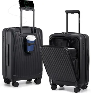 OIWAS 20 Inch Carry On Luggage, Front Pocket Carryon Suitcase with Phone Holder & Cup Holder, Airline Approved Hardshell Luggage with Double TSA Lock, USB Port, Brake Wheel, Black