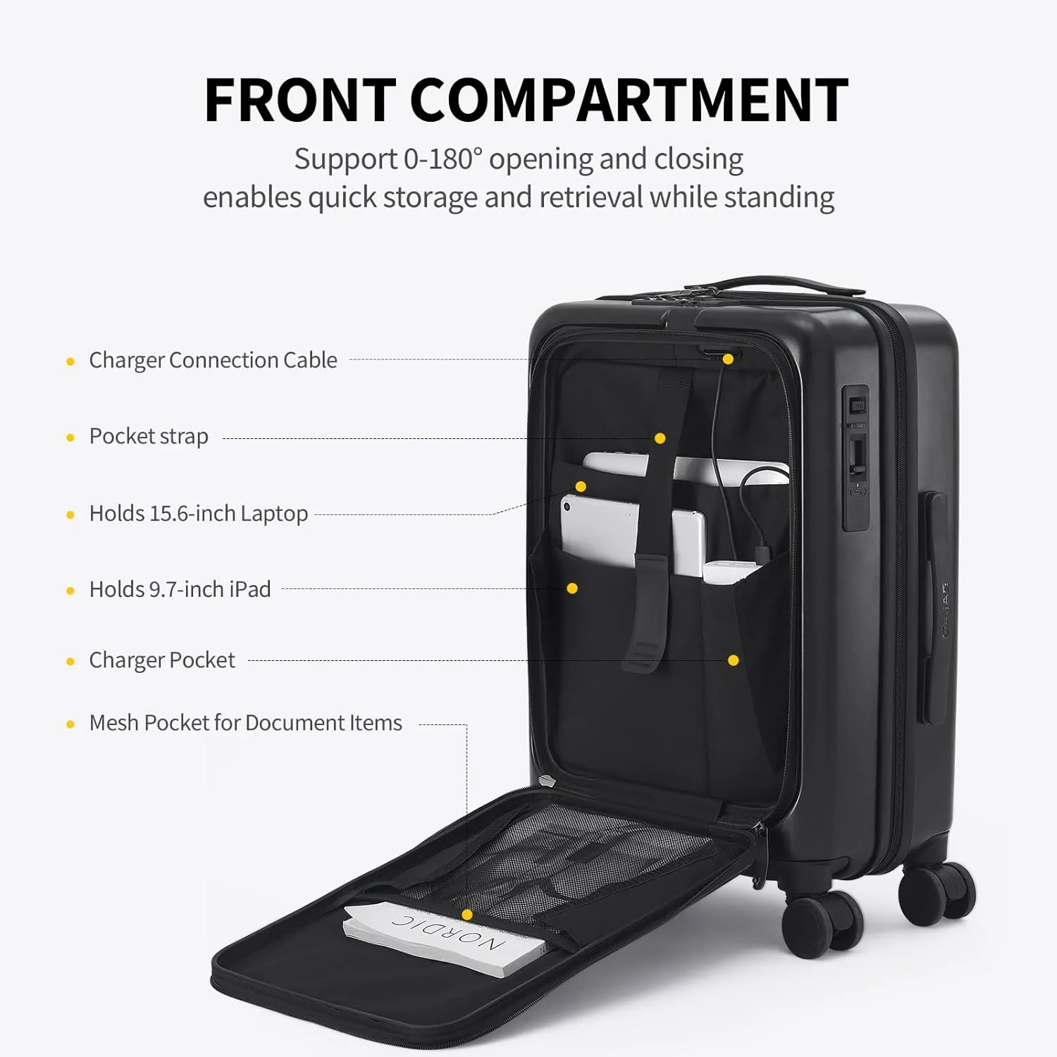 OIWAS 20 Inch Carry On Luggage, Front Pocket Carryon Suitcase with Phone Holder & Cup Holder, Airline Approved Hardshell Luggage with Double TSA Lock, USB Port, Brake Wheel, Black