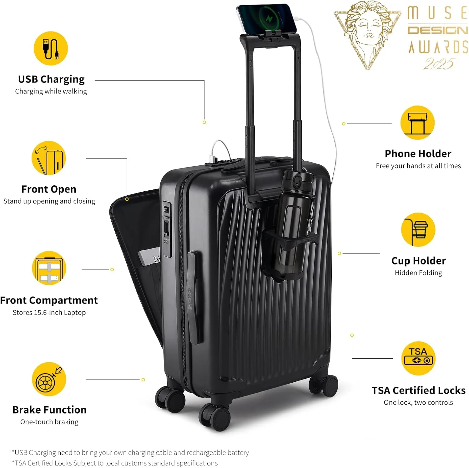 OIWAS 20 Inch Carry On Luggage, Front Pocket Carryon Suitcase with Phone Holder & Cup Holder, Airline Approved Hardshell Luggage with Double TSA Lock, USB Port, Brake Wheel, Black