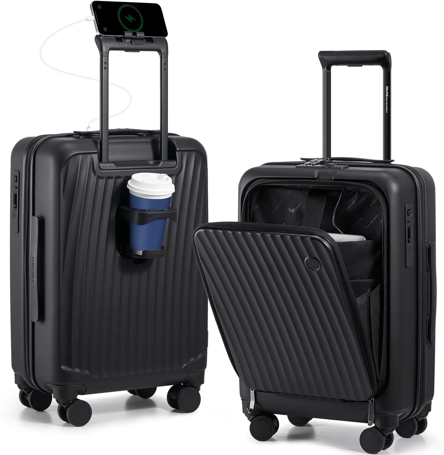 OIWAS 20 Inch Carry On Luggage, Front Pocket Carryon Suitcase with Phone Holder & Cup Holder, Airline Approved Hardshell Luggage with Double TSA Lock, USB Port, Brake Wheel, Black