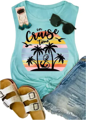 On Cruise Time Coconut Tree Tank Tops for Women Summer Vacation Sleeveless Shirts Casual Beach Praty Graphic Tees Vest