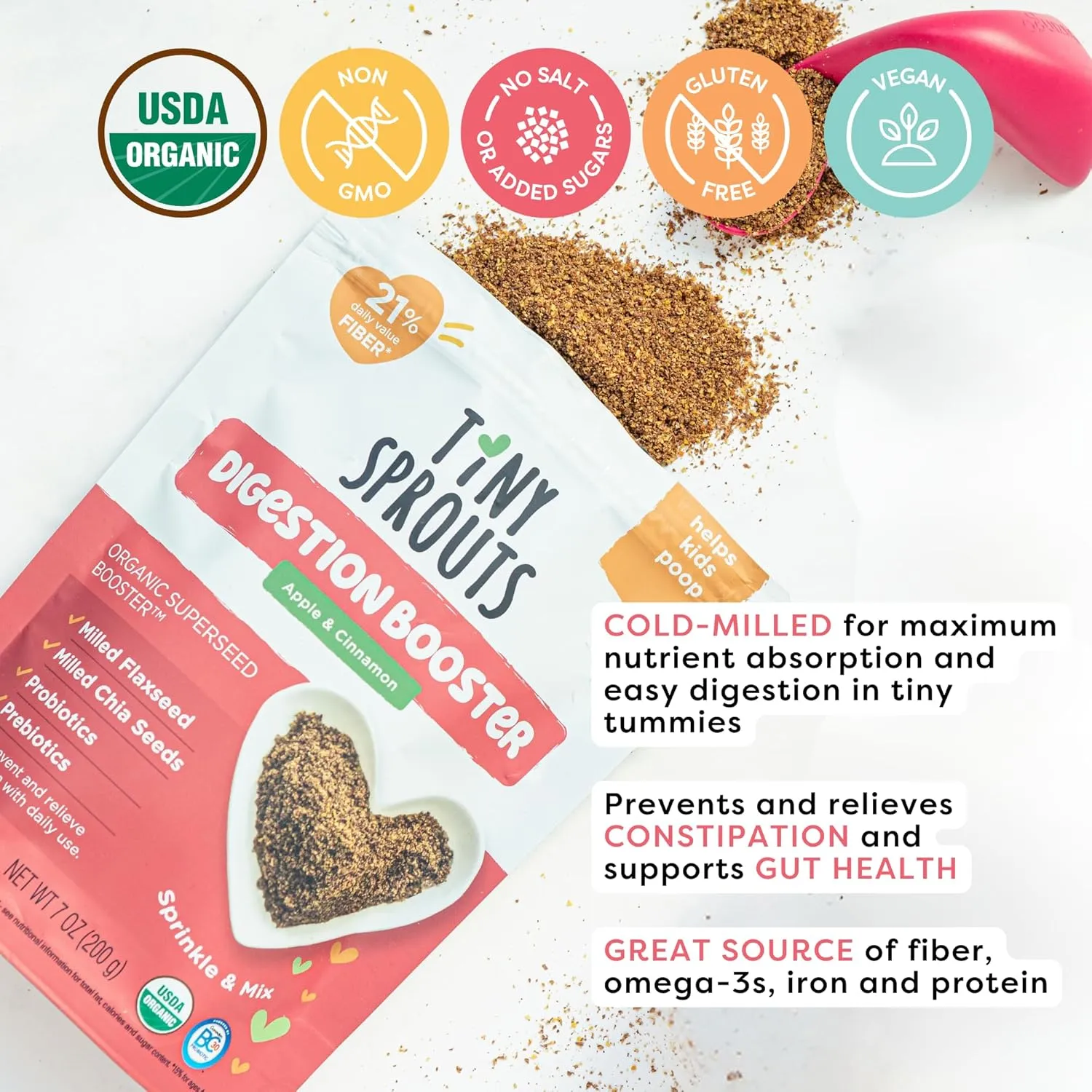 Organic Milled Chia & Flax Seed Digestion Blend with Vitamin D   PROBIOTICS Prebiotic Fiber Superseeds for 6M  Babies Toddlers & Kids for Digestive Support (Apple & Cinnamon, 7oz x 1 Pack)