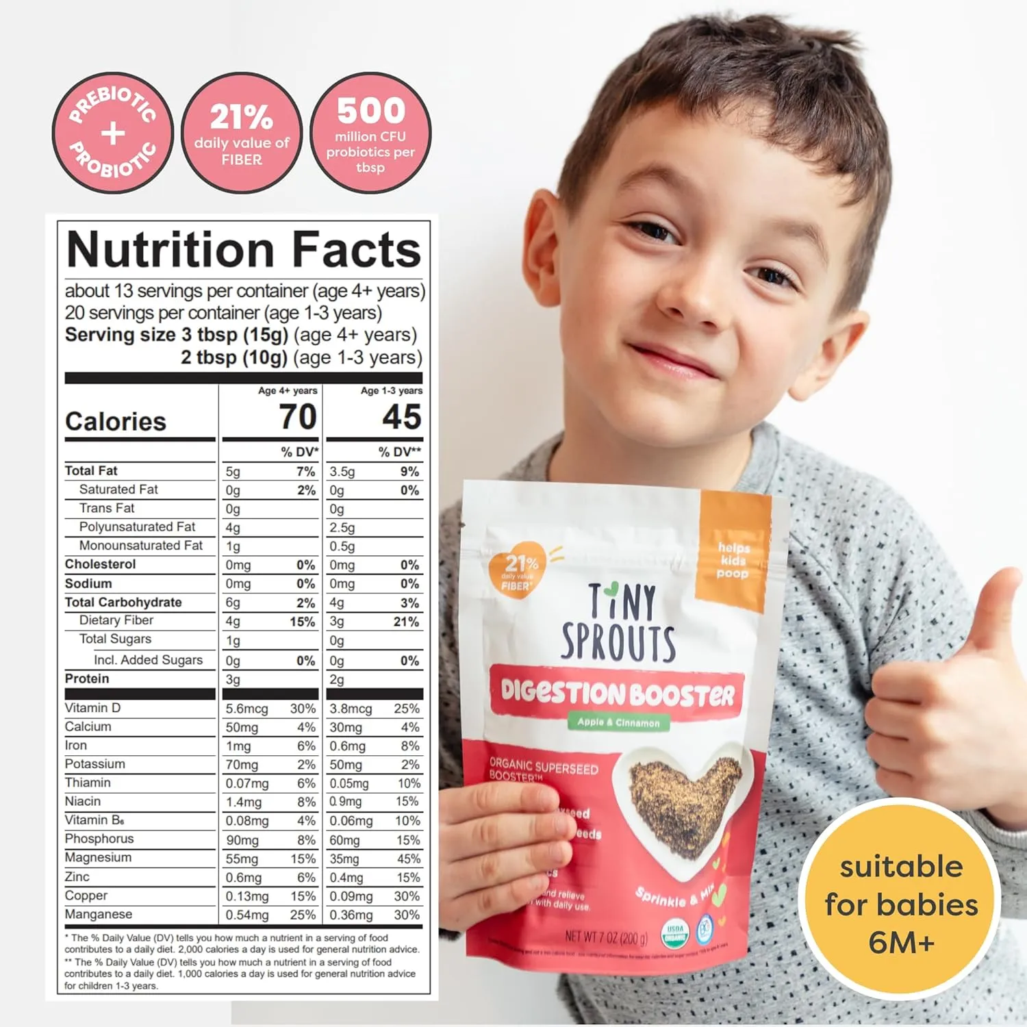 Organic Milled Chia & Flax Seed Digestion Blend with Vitamin D   PROBIOTICS Prebiotic Fiber Superseeds for 6M  Babies Toddlers & Kids for Digestive Support (Apple & Cinnamon, 7oz x 1 Pack)