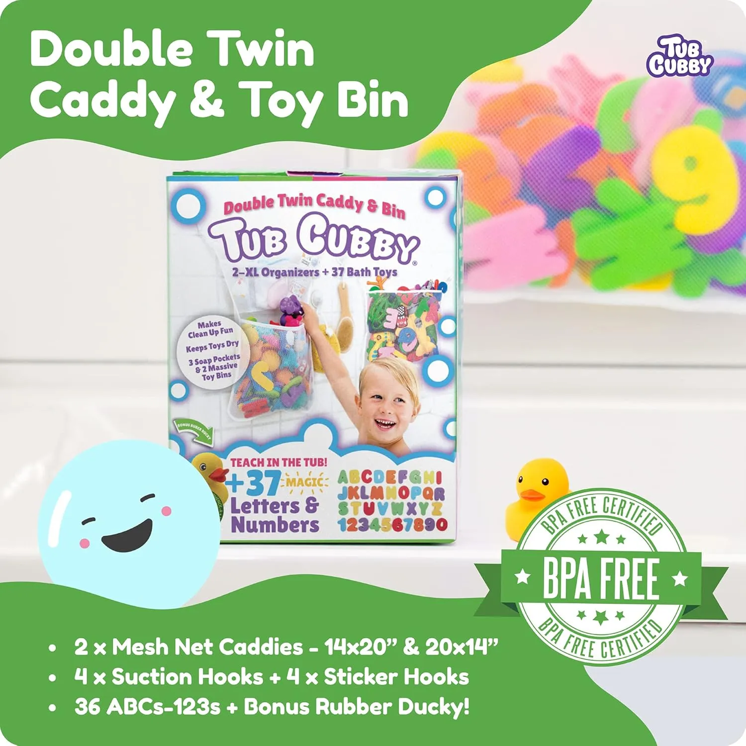 Original Tub Cubby Bath Toy Storage (2 -Pack) for Baby Bath Toys, Hanging bath toy holder with Suction & Adhesive Hooks, 14x20" Mesh Net Shower Caddy for Bathtub Toys, 36 Soft Foam Letters & Numbers