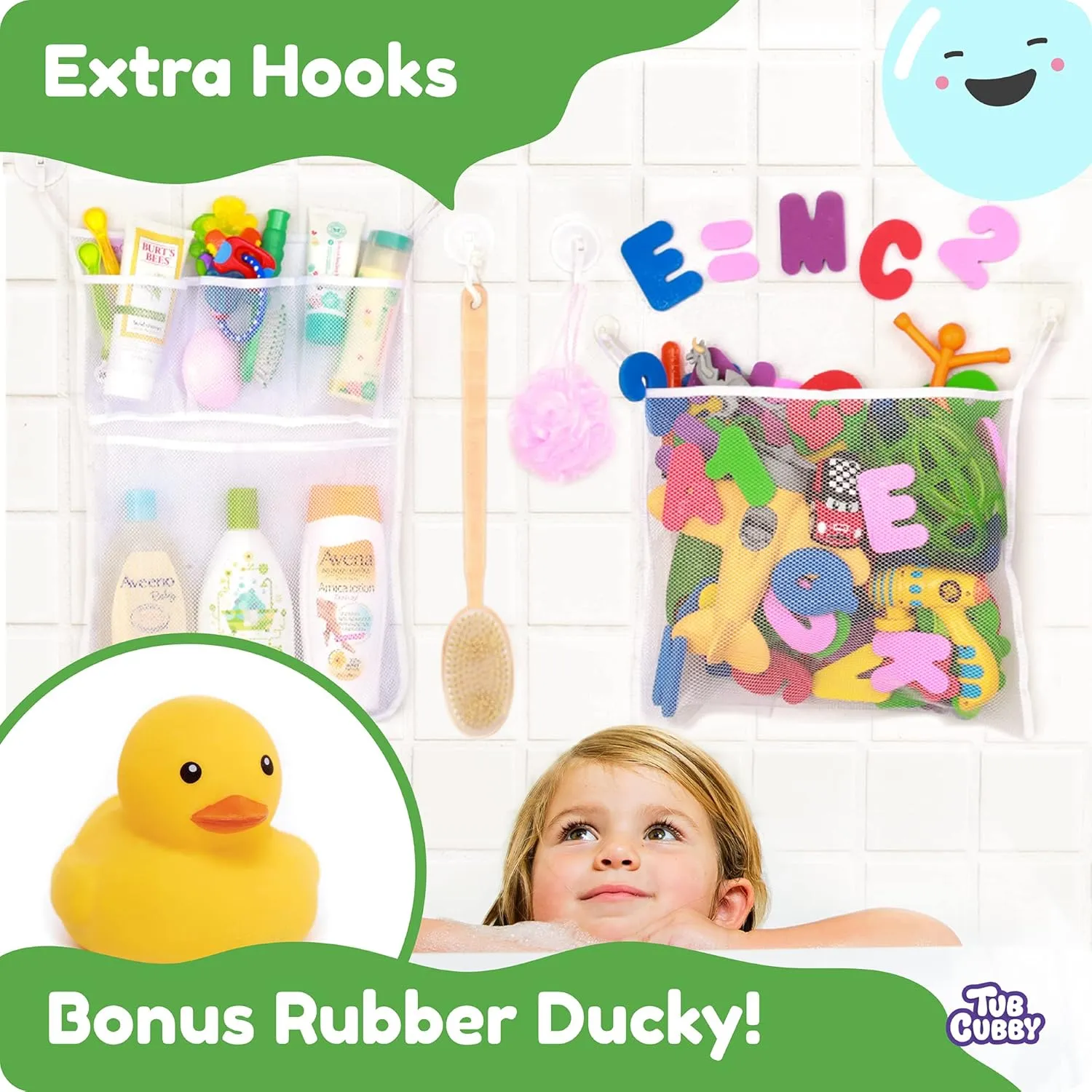 Original Tub Cubby Bath Toy Storage (2 -Pack) for Baby Bath Toys, Hanging bath toy holder with Suction & Adhesive Hooks, 14x20" Mesh Net Shower Caddy for Bathtub Toys, 36 Soft Foam Letters & Numbers