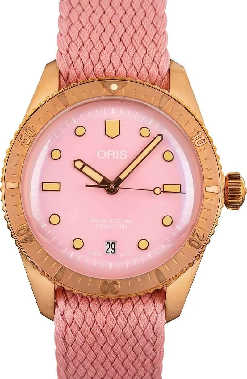 Oris Divers Sixty-Five Bronze Pink Dial & Textile Strap Unisex Watch - Model Number: 01 733 7771 3158-07 3 19 04BRS