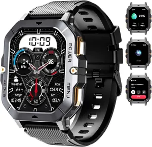 OUKITEL BT101 Military Smart Watch for Men,2.02”HD Screen,Outdoor Sports Smartwatch with Bluetooth Calls,Fitness Watch,Heart Rate & Sleep Monitor/Blood Oxygen for Android iOS (Black)