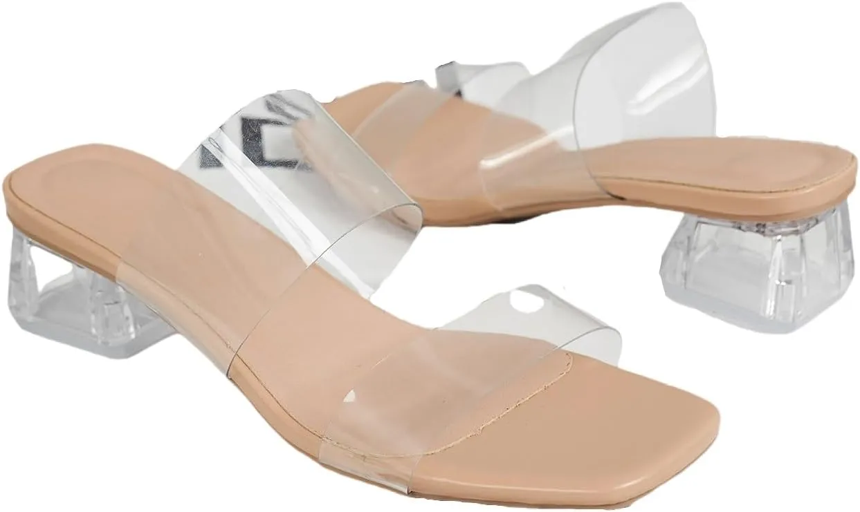 OYOANGLE Women's Clear Transparent Two Strap Low Block Heel Sandals Square Open Toe Slip on Slides