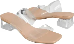 OYOANGLE Women's Clear Transparent Two Strap Low Block Heel Sandals Square Open Toe Slip on Slides